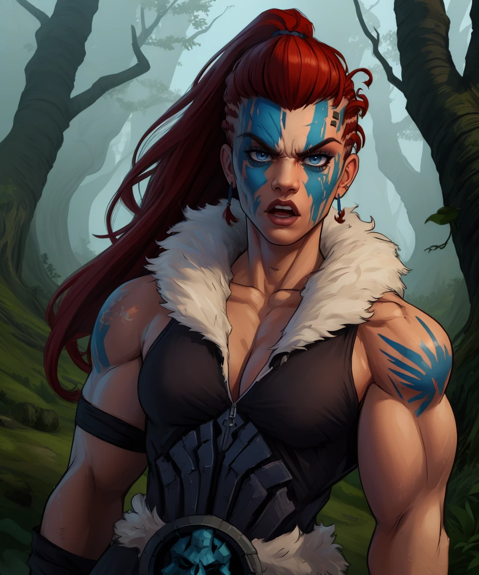hellion, red ponytail, blue facial tattoo ,blue body tattoos, lips,muscular female, thighs, standing, hands on hips,
helTrip,cleavage,tribal attire,fur trim ,fur collar,belt,boots,jewerly,
darkest dungeon,
(insanely detailed, beautiful detailed face, masterpiece, best quality)
<lora:hellion:0.8>