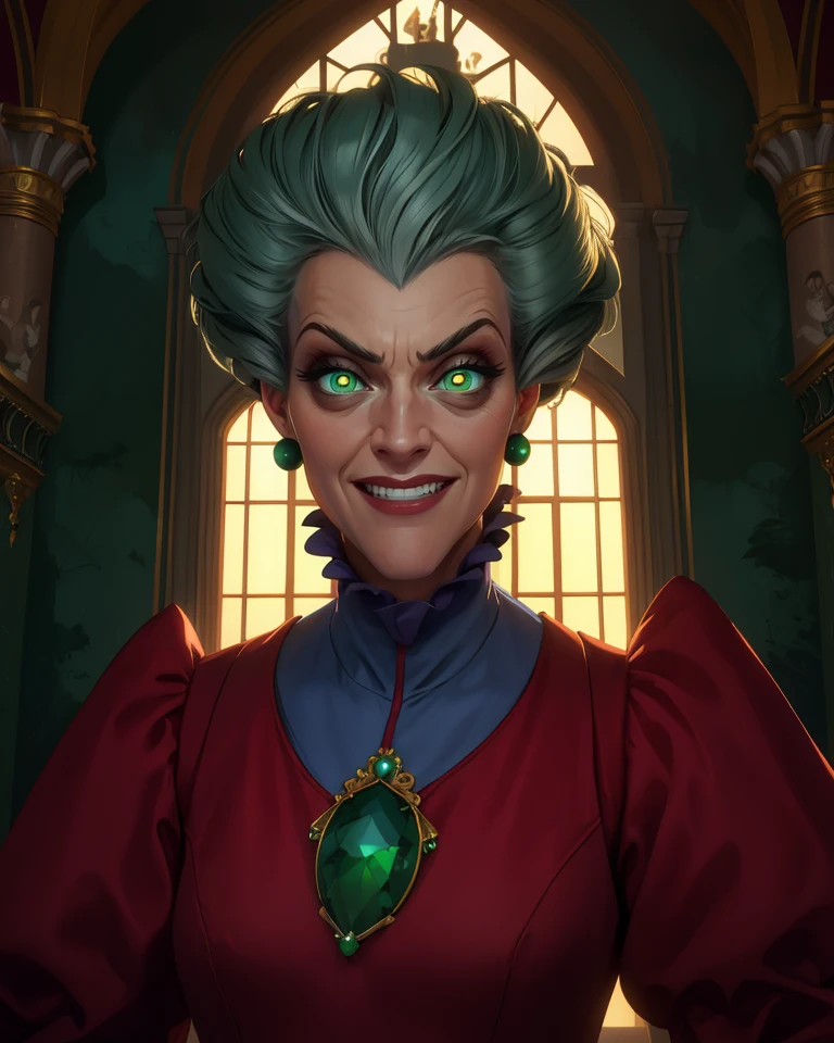 tremaine,green eyes,grey hair,large hair,streaked hair,
red dress,green gem,small earrings,evil grin,puffy sleeves,
standing,serious,looking at viewer,from below,
castle,indoors,dim lighting,glowing eyes,
(insanely detailed, masterpiece, beautiful face,  best quality),solo,<lora:ladytremaine:0.9>,