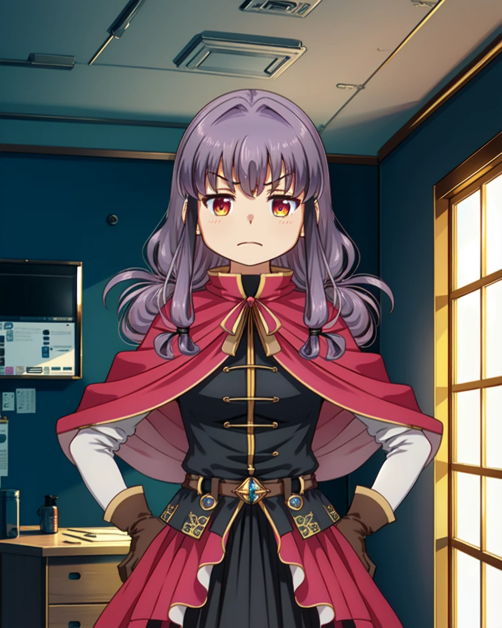 masterpiece, high quality, mgrcinamimitsuru, 1girl, medium shot, upper body, purple hair, pink eyes, black with pink dress with golden edgings, long pink with black skirt, pink shawl with golden edgings, white pants, brown belt with red gem, brown gloves, indoors, (angry:0.8), hands on hips, <lora:mgrcinamimitsuru-000016:0.9>