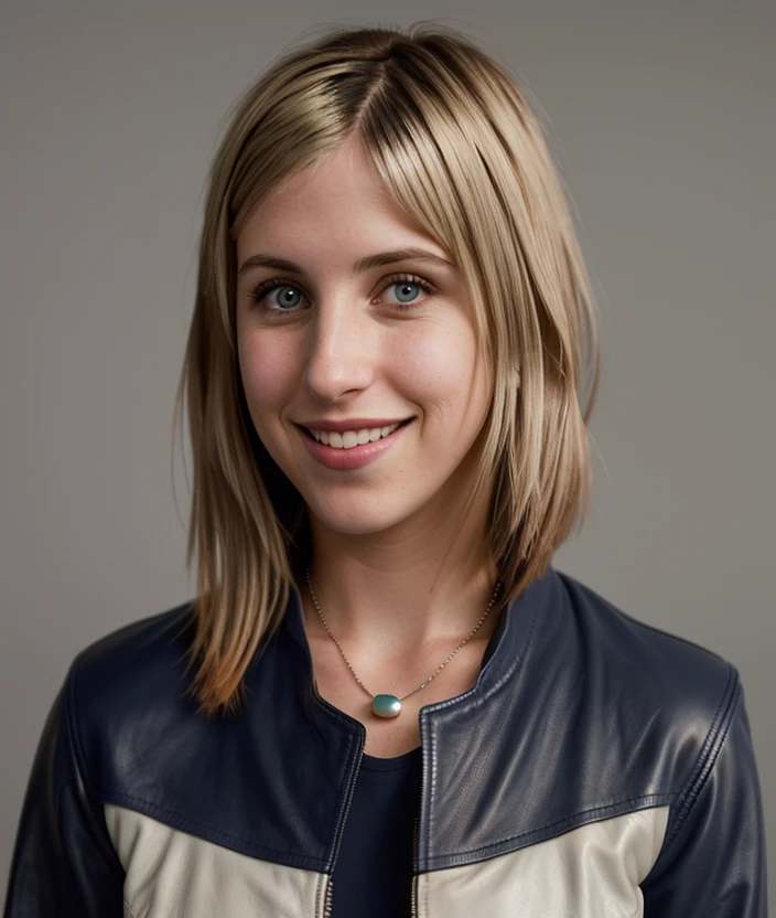 <c3n4d3>, photo of seductive a beautiful girl, perfect hair, (smiling), (modern photo), (Navy Blue  leather jacket and long sleeve top), ((plain Neutral Gray background gradient:1.1)), closeup portrait, 85mm, (analog, cinematic, film grain:1.3), detailed eyes, necklace, (epicPhoto), (looking at viewer:1.1), (cinematic shot:1.3)