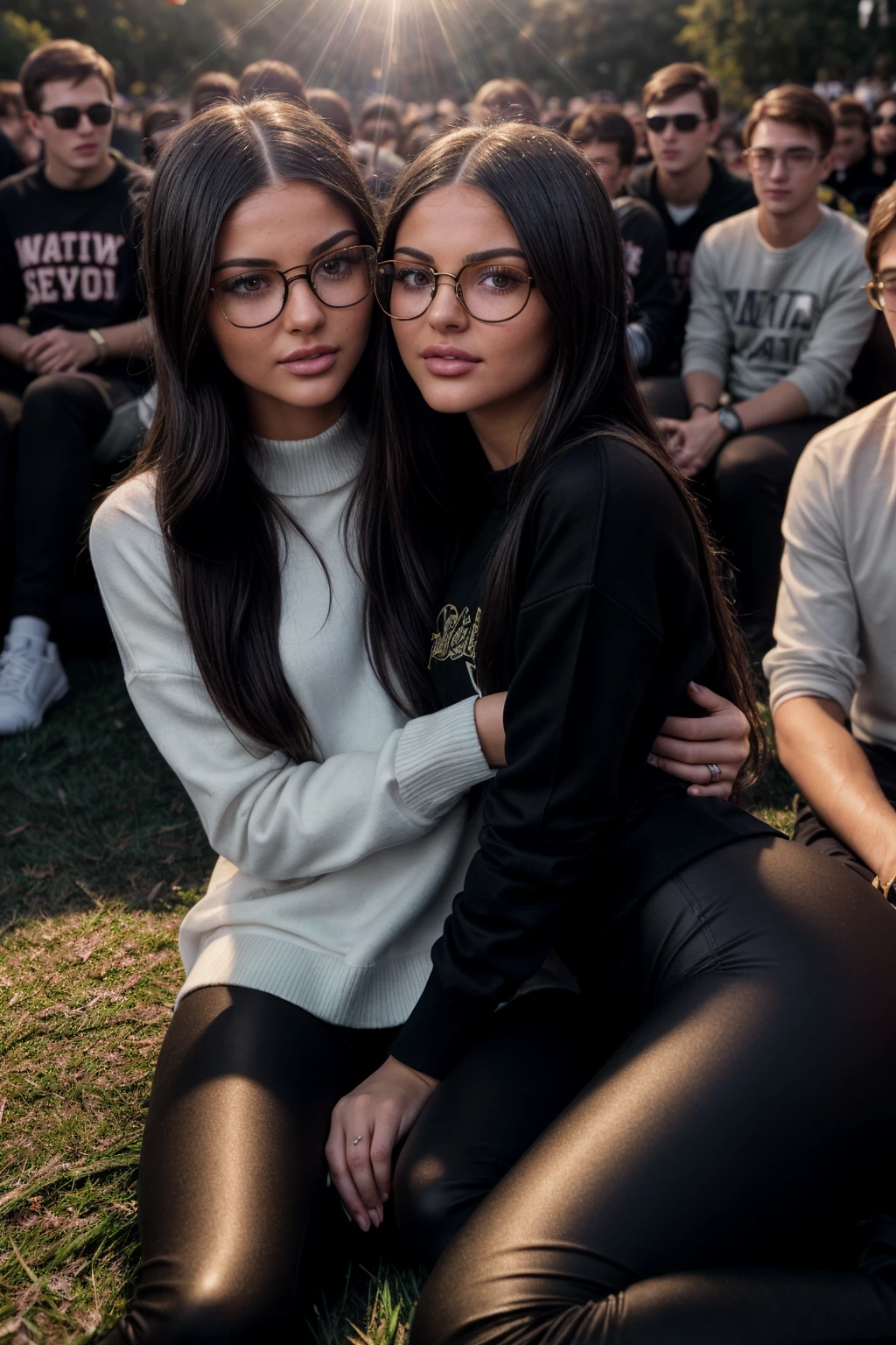 (CINEMATIC SHOT:1.4)(crowded college campus garden:1.4) TrualityCampus_Violetta (ponytail)(skinny, slim, sexy, abs, perky breast:1.4) <lora:more_details:0.4>(Black shiny Leggings and a Sweater:1.4)((Photo Focus, DOF, Aperture, insanely detailed and intricate, character, hypermaximalist, elegant, ornate, beautiful, exotic, revealing, appealing, attractive, amative, hyper realistic, super detailed, (lens flare:1.1) heresy flares)) (Wearing glasses:1.4) (sitting on the grass:1.4) (cuddle with college boys:1.5) <lora:people_count_slider_v1:4>