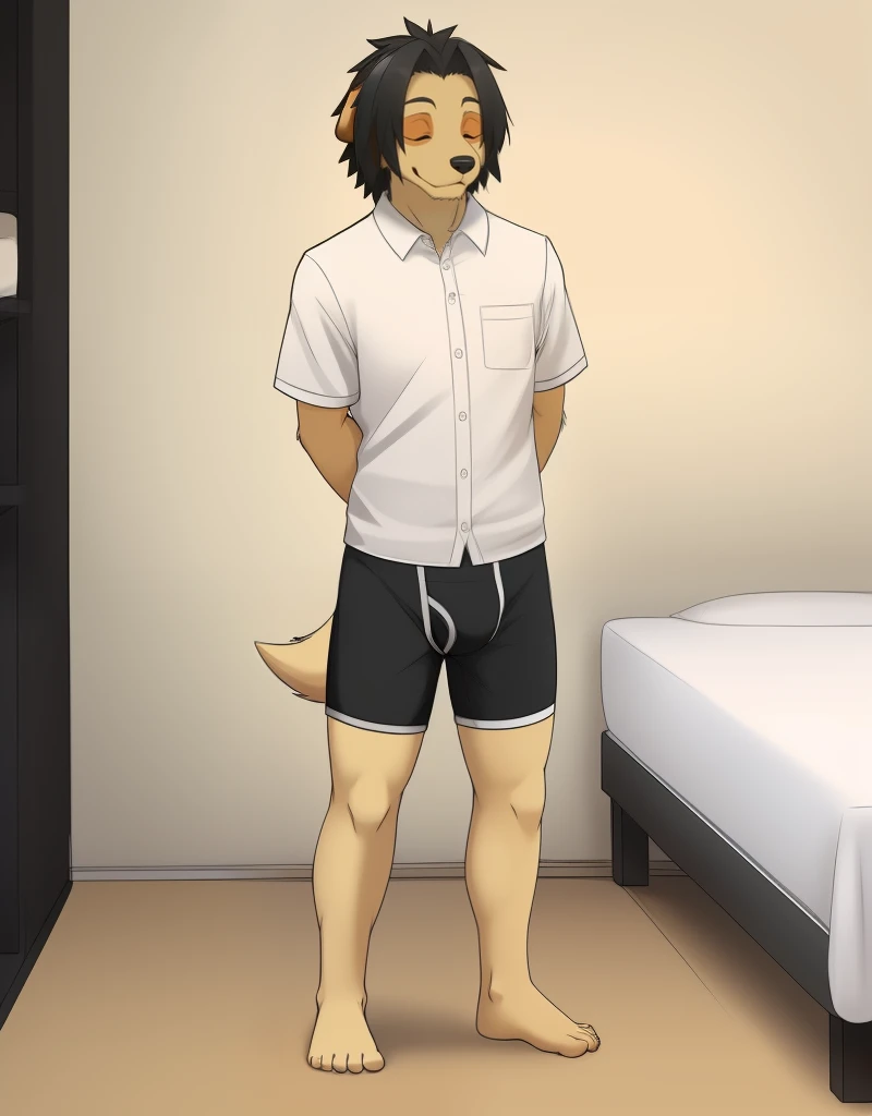 1boy, solo, male, thick thighs, perspective, smile, looking at you, crotch focus, white shirt, short sleeves, tall boy, male, ram horns, goat horns, dark hair, messy hair, hair covering eyes, covered eyes , simple t-shirt, barefoot, full body view, muscular legs, blush, dick, penis
