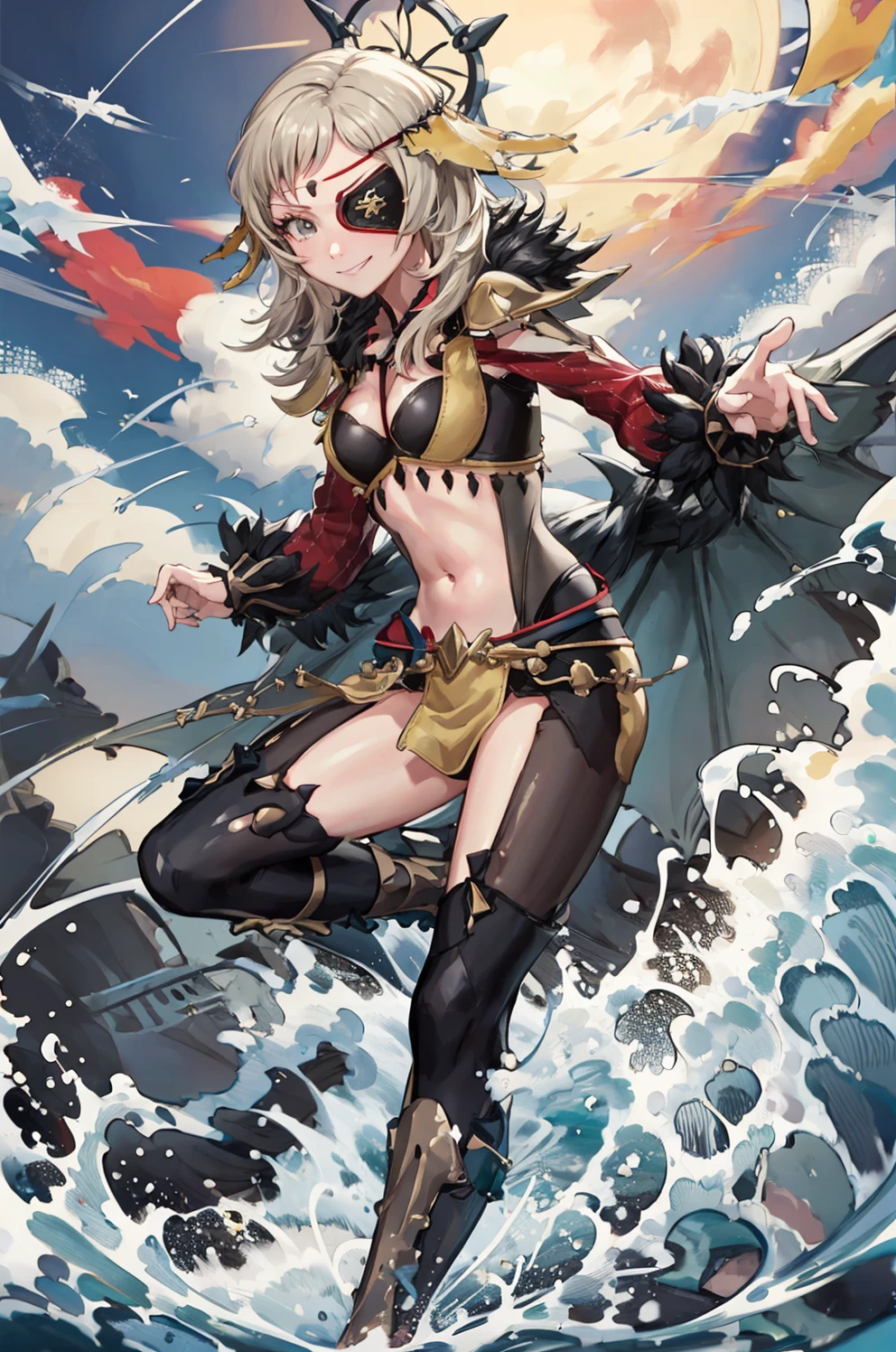 best quality, pirate ship, ocean, sky, cloud, 1girl, solo, cowboy shot, looking at viewer, evil smile, <lora:OpheliaFEH-bsinky-v1:0.85> rrmOphelia, long sleeves, navel, ahoge, pantyhose, wings, midriff, high heels, eyepatch, pelvic curtain, circlet, black feathers, clenched fist