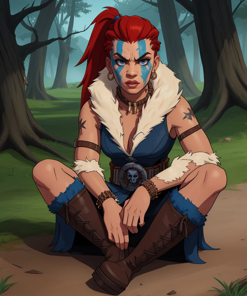 hellion, red ponytail, blue facial tattoo ,blue body tattoos, looking at viewer, serious,
cleavage, tribal attire, fur trim ,fur collar, belt, boots,
woods, dark, sitting,
(insanely detailed, beautiful detailed face, masterpiece, best quality) <lora:hellion-10v2:0.7>