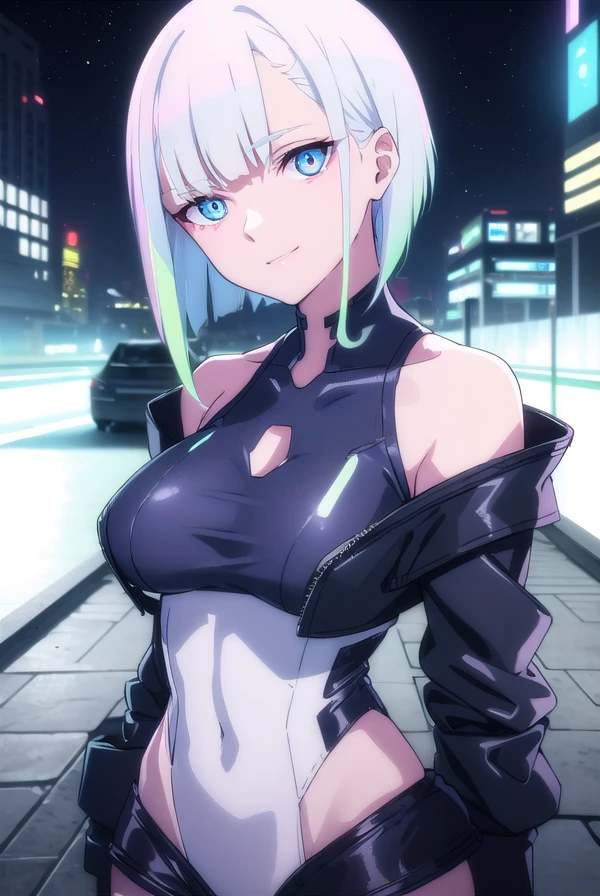 cyberpunklucy, <lora:cyberpunk lucy s1-lora-nochekaiser:1>,
lucy, short hair, bangs, blue eyes, blue hair, multicolored hair, makeup, (multicolored eyes:1.3), smile,
BREAK bare hips, bodysuit, jacket, leotard, monowire, off shoulder, off-shoulder jacket, open clothes, open jacket, skindentation,
BREAK outdoors, city, moon, night, sky, clouds,
BREAK looking at viewer, (cowboy shot:1.5),
BREAK <lyco:GoodHands-beta2:1>, (masterpiece:1.2), best quality, high resolution, unity 8k wallpaper, (illustration:0.8), (beautiful detailed eyes:1.6), extremely detailed face, perfect lighting, extremely detailed CG, (perfect hands, perfect anatomy),