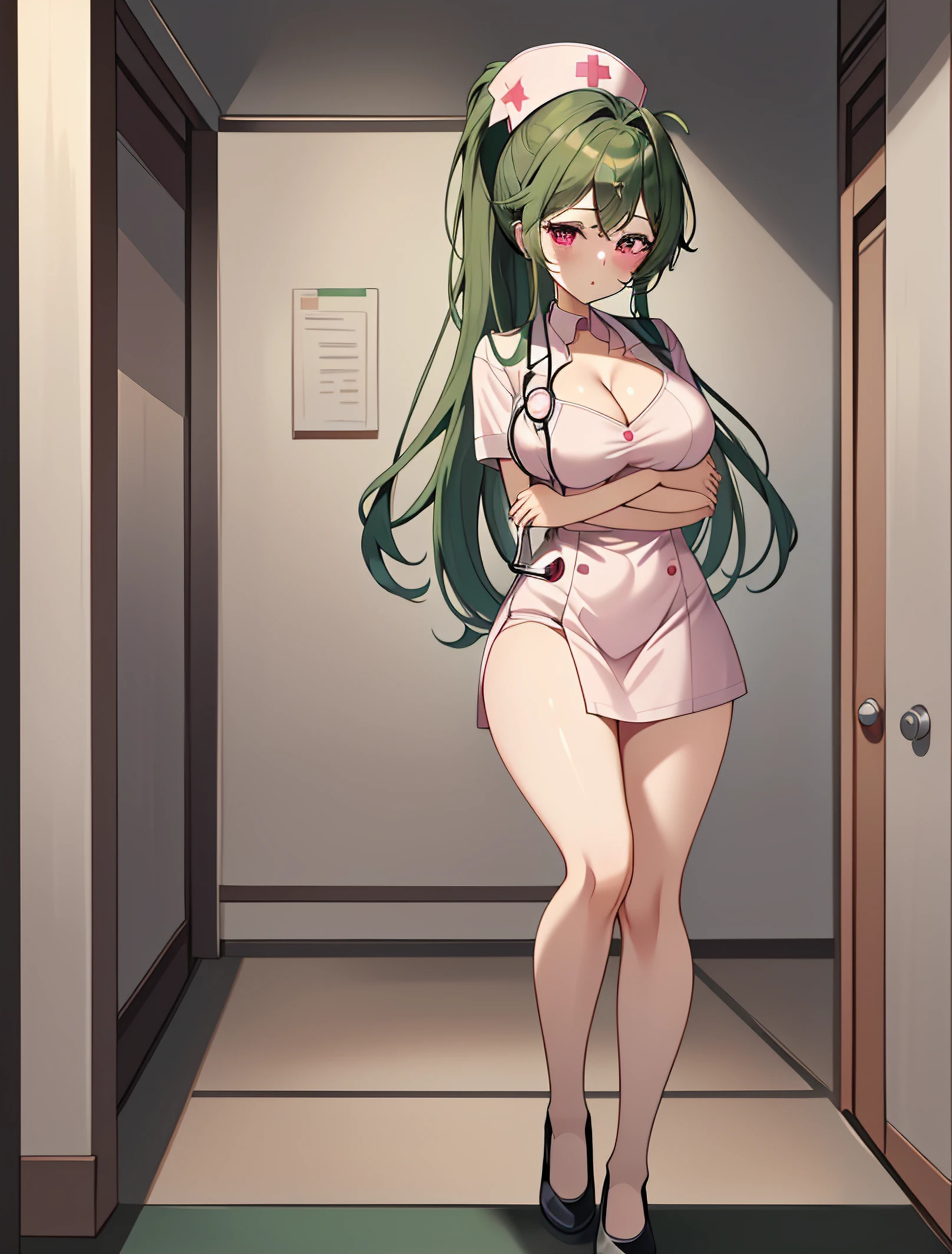 ((masterpiece, best quality, high quality)),1girl, (lower body, hospital), <lora:Cleavage_nurse:0.6> (cleavage nurse, cleavage, nurse cap, nurse, stethoscope, cleavage cutout), <lora:Mari Sukuma:0.7> (mari sukuma, 3dcg_10, 1girl, solo, long hair, breasts, bangs, medium breasts, ponytail, green hair, pink eyes, sidelocks, ahoge, crossed bangs),