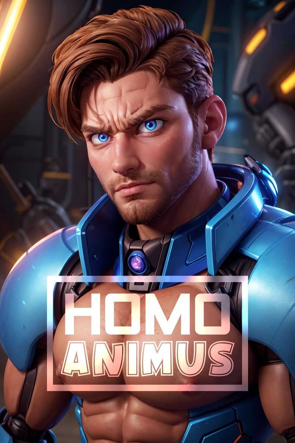 a (man) wearing a worn mech suit, (30 years old), chiseled jaw, (rusted metal), photo by greg rutkowski, soft lighting, vibrant colors, (glowing blue robot eyes), face portrait, ((extreme close-up:1.1)), science fiction, beard, (angry), cinematic photography, pectorals, (from side:0.6), (looking at viewer:1.2), very short undercut hair, detailed scifi factory background, (nude), brown hair, best quality, masterpiece, highly detailed, realistic, (detailed background), depth of field, soft focus, intricate details, 8k, cartoon, 3d, (hyper-muscles), (large pectorals), (puffy nipples)