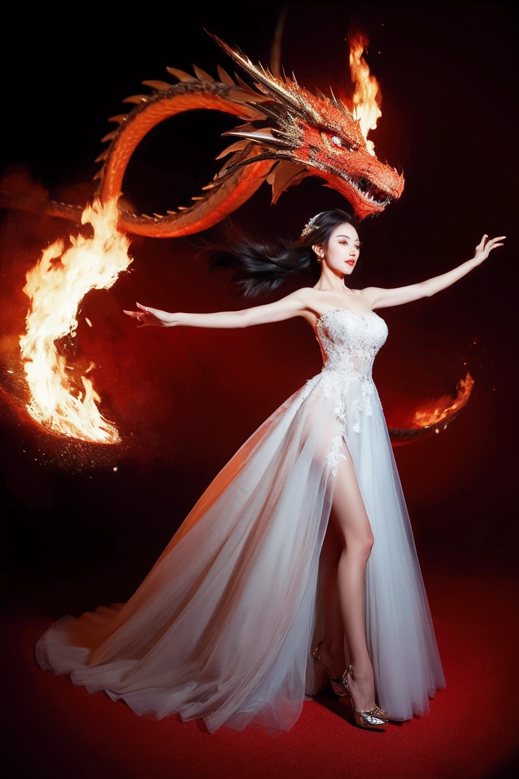 (8k, Best Quality, Masterpiece),Super Detail,(High Detail skin),wedding dress,dynamic hemline,dynamic pose,red high heels,background fade,<lora:Flame Dragons:0.7>, jandf,dragon,burning,fire,