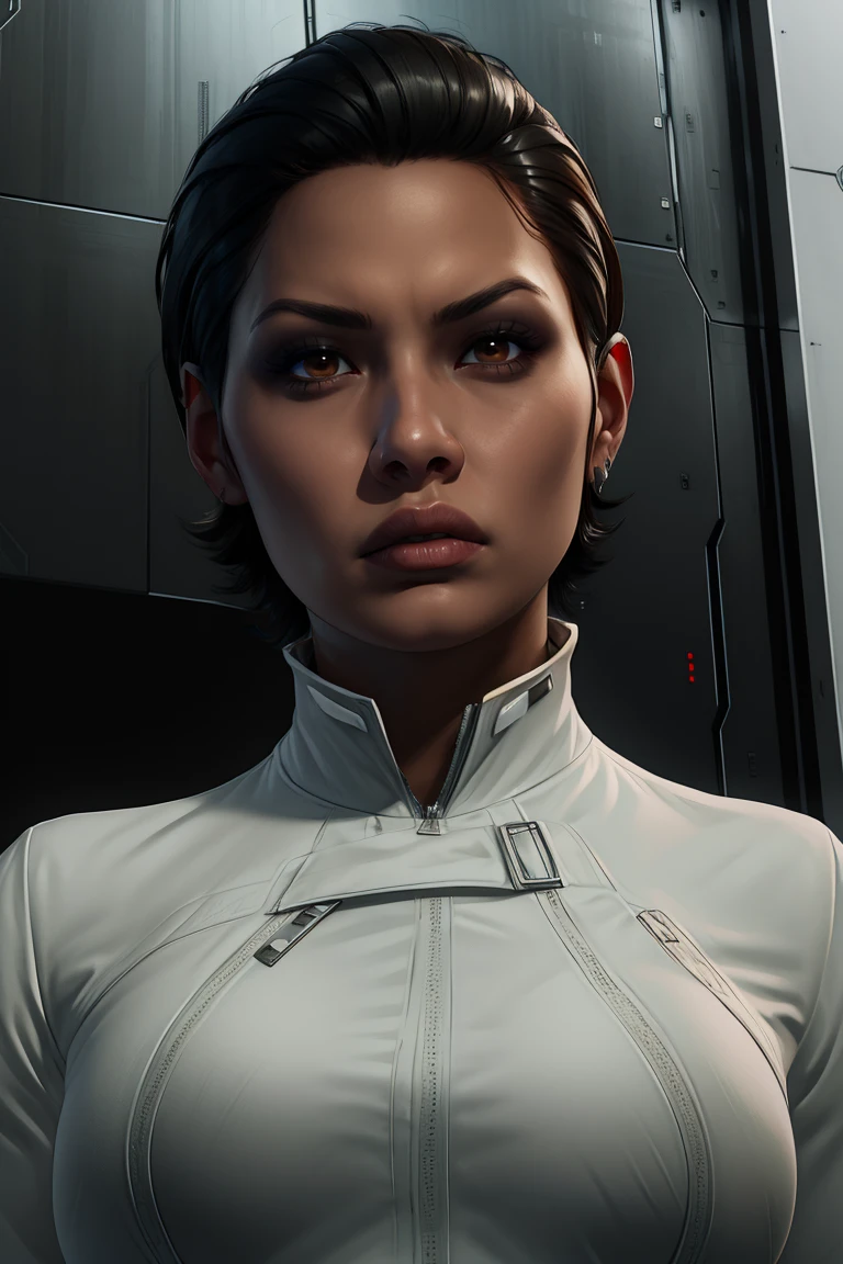 isabel,brown eyes,black hair,side bang,short hair,hair slick back,
white coat,looking at viewer,long sleeves,white shirt,serious,
standing,from below,
science fiction,facility,mirror's edge,
(insanely detailed, beautiful detailed face, masterpiece, best quality),solo,<lora:isabelkrugerMEC:0.8>,