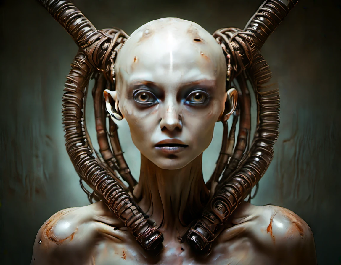 portrait of a lotech woman with implants, dynamic pose, rusty pipes