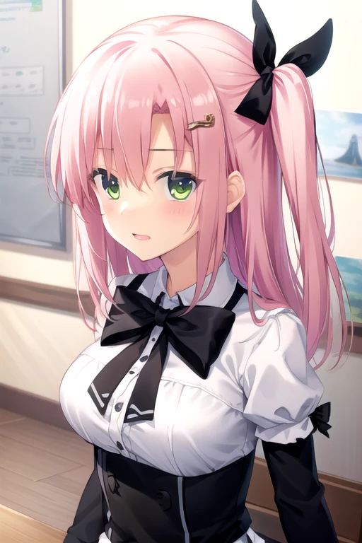 ((masterpiece)),(best quality),official art,extremely detailed CG,unity 8k wallpaper,ultra detailed,beautiful detailed eyes,extremely detailed face,1girl,solo,upper body,(portrait:1.2),looking at viewer,facing viewer,long hair,pink hair,green eyes,hair bow,yellow bow,hair one side up,hair ornament,hairclip,sidelocks,hair between eyes,school uniform,long sleeves,white shirt,puffy detached sleeves,black bow,black ribbon,large breasts,white skirt,frilled skirt,kneehighs,black socks,loafers,<lora:Tsubasa Touri(pa):0.8>,