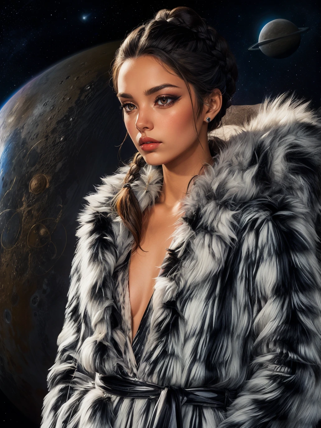 A beautiful brunette Eskimo woman wearing fox fur shorts and mink fur halter top (((not exposed))), in a snowy landscape, (((working on an oil pipeline))), 8 k lighting, starry night sky, crescent moon, 4k extremely photorealistic, uhd 4k highly detailed, ((ethereal lighting, ultra-high res.photorealistic:.1.4, (high detailed skin:1.2), 8k uhd, dslr, high quality, film grain, Fujifilm XT3,(masterpiece) (best quality) (detailed) (cinematic lighting) (sharp focus) (intricate)