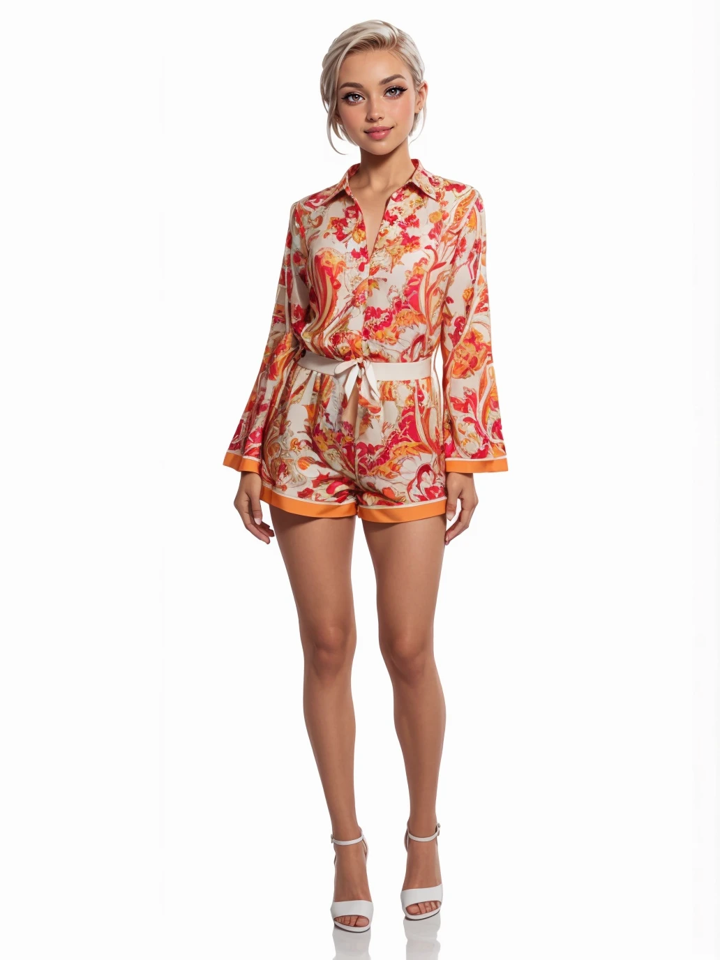 (full body photo:1.4),woman, (Slicked-Back Pixie with Hair Gel:1.1), p41sl3y_pl34s3, long sleeve romper, hat, <lora:p41sl3y_pl34s3:0.8>, best quality, high detail, high quality, high res, 4k,eyeliner, pouty lips, detailed skin texture, (blush:0.5), smiling, (white background:1.3)