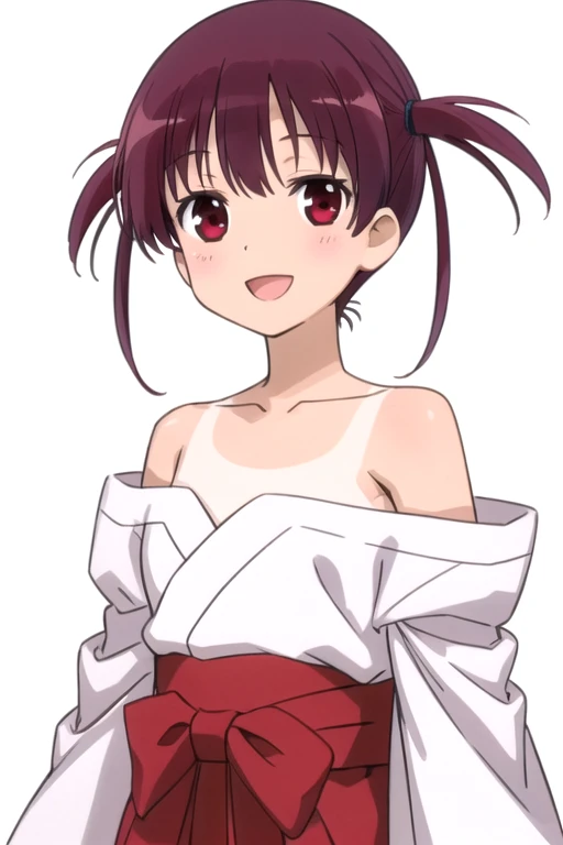 solo, 1girl, looking at viewer, 2D, anime, anime coloring, upper body, (solid white background:1.3), <lora:hatsumi-saki:0.7>, hatsumi usuzumi, japanese clothes, off shoulder, looking at viewer, smile, :d