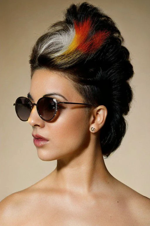 Masterpiece 80's Glamour: Immerse in the fast-paced era with a stylish young woman boasting beautiful black straight hair, an oval-round square face, and chic makeup. The high-key, medium-shot composition highlights intricate face details and skin texture. Her feathered hair, adorned with a colorful scrunchie, embodies the dynamic energy of '80s glamour. Set against a backdrop reminiscent of the era's fast cars and cool shades, accessorized with iconic items like the Walkman, this photorealistic portrayal captures the essence of 1983 with a touch of glamour and sophistication