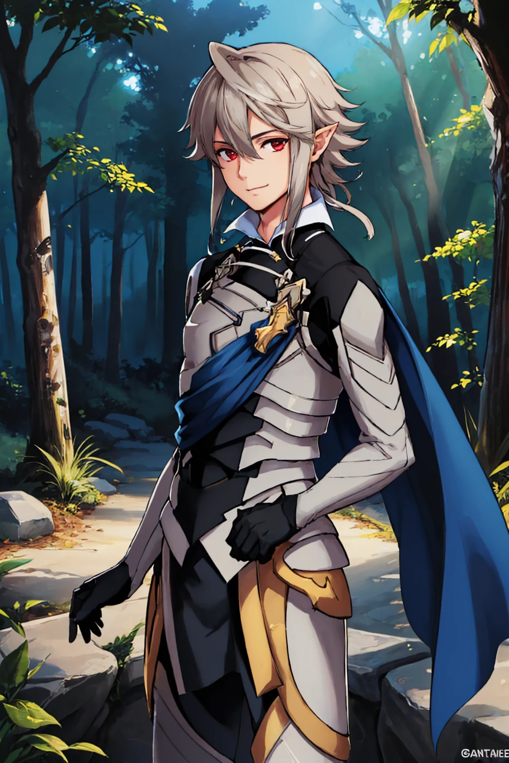 (masterpiece, best quality:1.2), solo, male focus, 1boy, malecorrin, slight smile, looking at viewer, pointy ears, armor, cape, gloves, outdoors, forest <lora:fireemblem_corrin_male-10:1>
