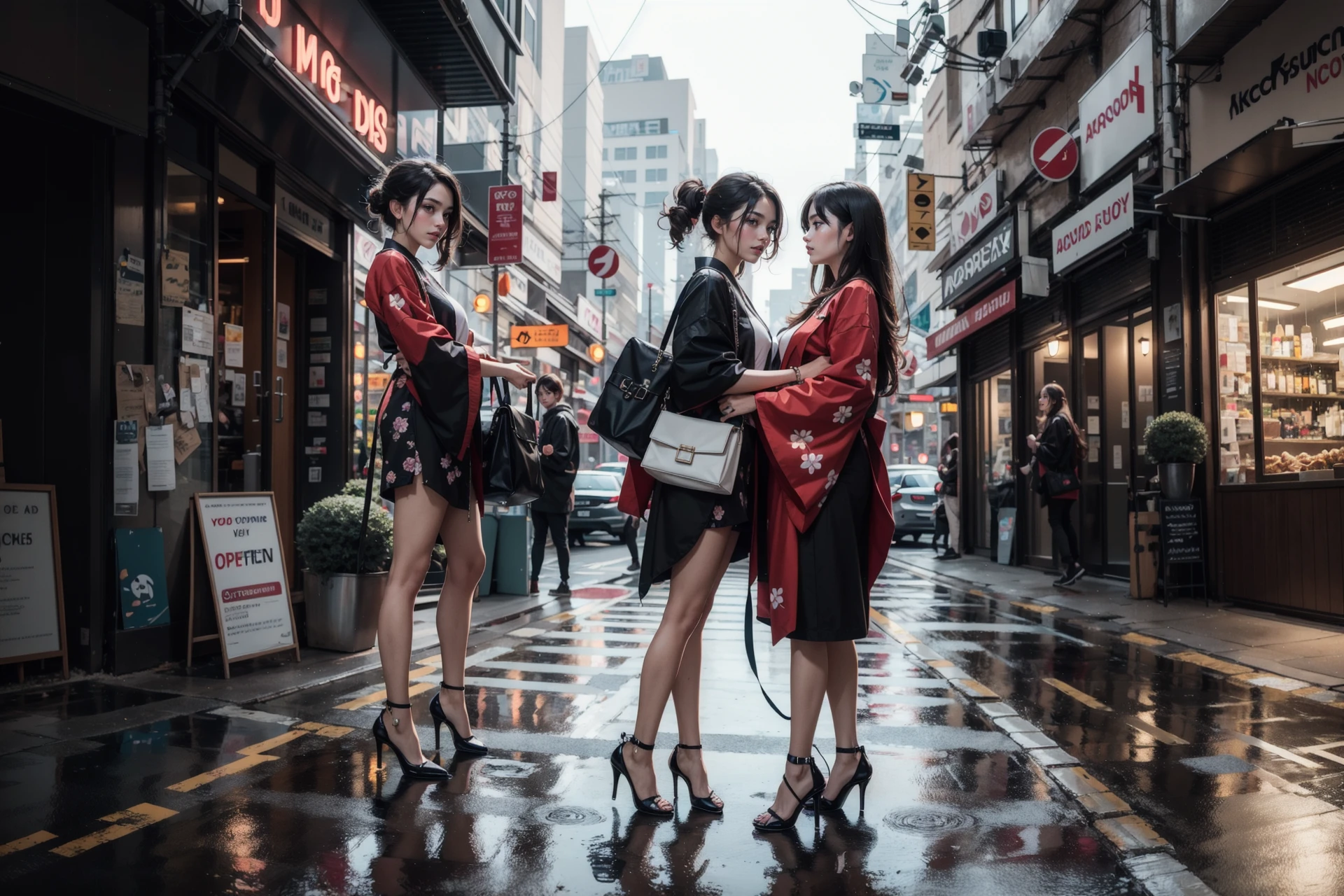 masterpiece,graphic design artwork,closeup picture of 2 girls hugging,boob press,short futuristic kimono,pixel art,highres,incredibly absurdres,in the background a cyberpunk dystopian retro futuristic city,jony ivey,happy mood laughing,animated,issey miyake,couture,asymmetric composition,gonden ration composition,high heels,laboutin,