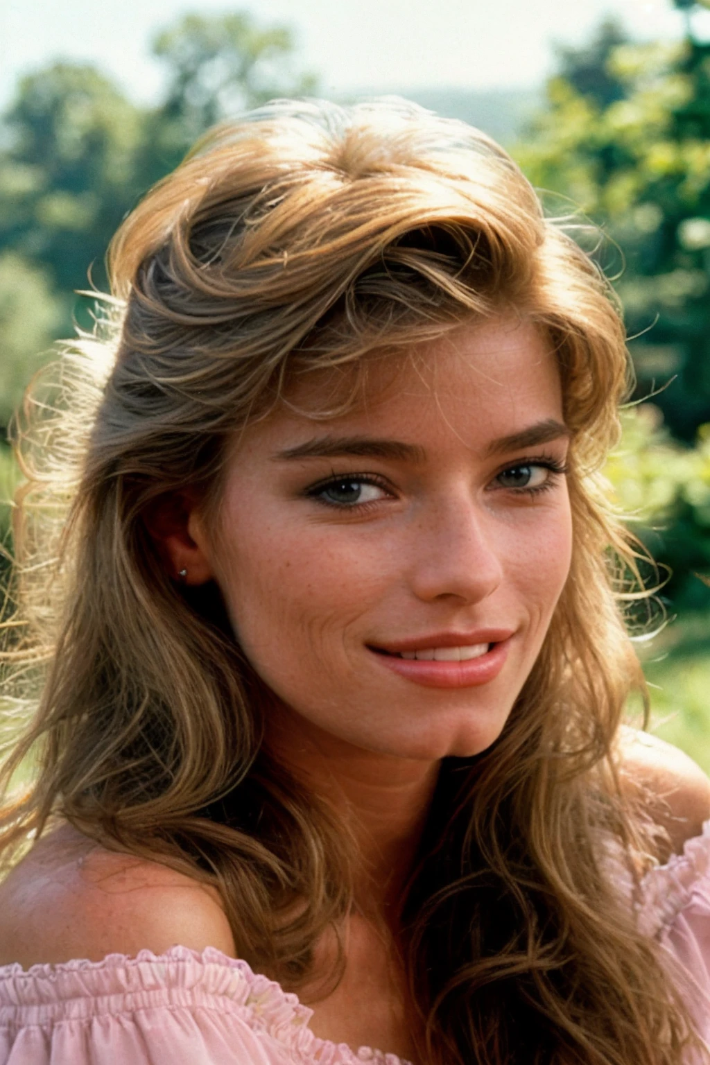 analog film photo solo, tstyle, realistic, ((woman)), (((long brunette hair, 80s Crimped Hairstyle))), (((grin512:1.2))), (((Off-the-shoulder blouse with a flounce overlay and lace trim))), ((park bench, shaded spot, scenic view, relaxation)), ((dynamic pose)), PA7_Human-Likeness, PA7_Photo, high detailed, 8k, clear facial features, pastel themed colorgrade, in style of wes anderson, <lora:PAseer-SD15-LCM Quick:1> <lora:ReaLora:.1> skin <lora:TStyle_-_Photography_Style:.2>  <lora:[US]_-_Marianne_Gravatte:1> mariannegravatte . faded film, desaturated, 35mm photo, grainy, vignette, vintage, Kodachrome, Lomography, stained, highly detailed, found footage