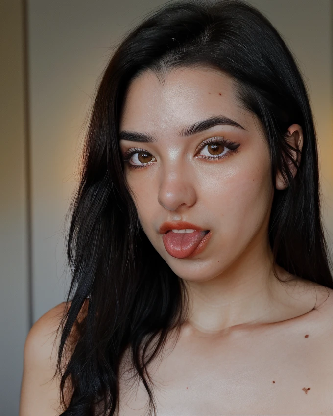 a beautiful picture of 4smrGl0w , masterpiece, photorealistic, woman, detailed, 4k, HDR, backlighting, light, RAW color photo,(fully in frame:1.1), detailed skin texture, (blush:0.5), (goosebumps:0.5),black hair<lora:4smrGl0w:1> tongue out