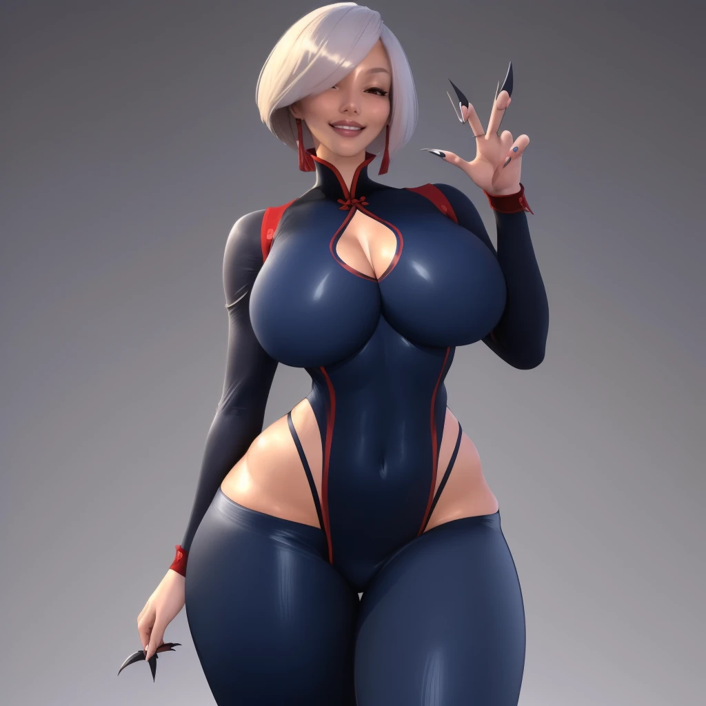 (masterpiece, best quality:1.3), Popogori1, 1girl, solo, looking at viewer, wide hips, mature female, closed mouth, seductive smile, large breasts, cowboy shot, thick thighs,  <lora:Popogori1 Style Lora:1>, akims, mole, claw \(weapon\), clothing cutout,  dress, chinese clothes,  bodysuit, pants  <lora:AKI:.8>