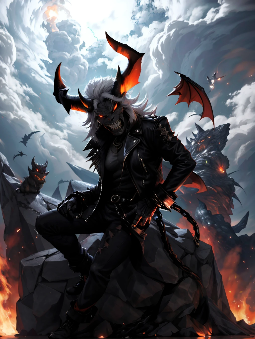 masterpiece, best quality, 8K, HDR, ultra detailed, 1man, standing on a rock surrounded by lava, wild white hair, skull, sharp teeth, leather jacket, horns, bat wings, emaciated, hunched over, evil grin, fiery eyes, <lora:MMMRS:1>