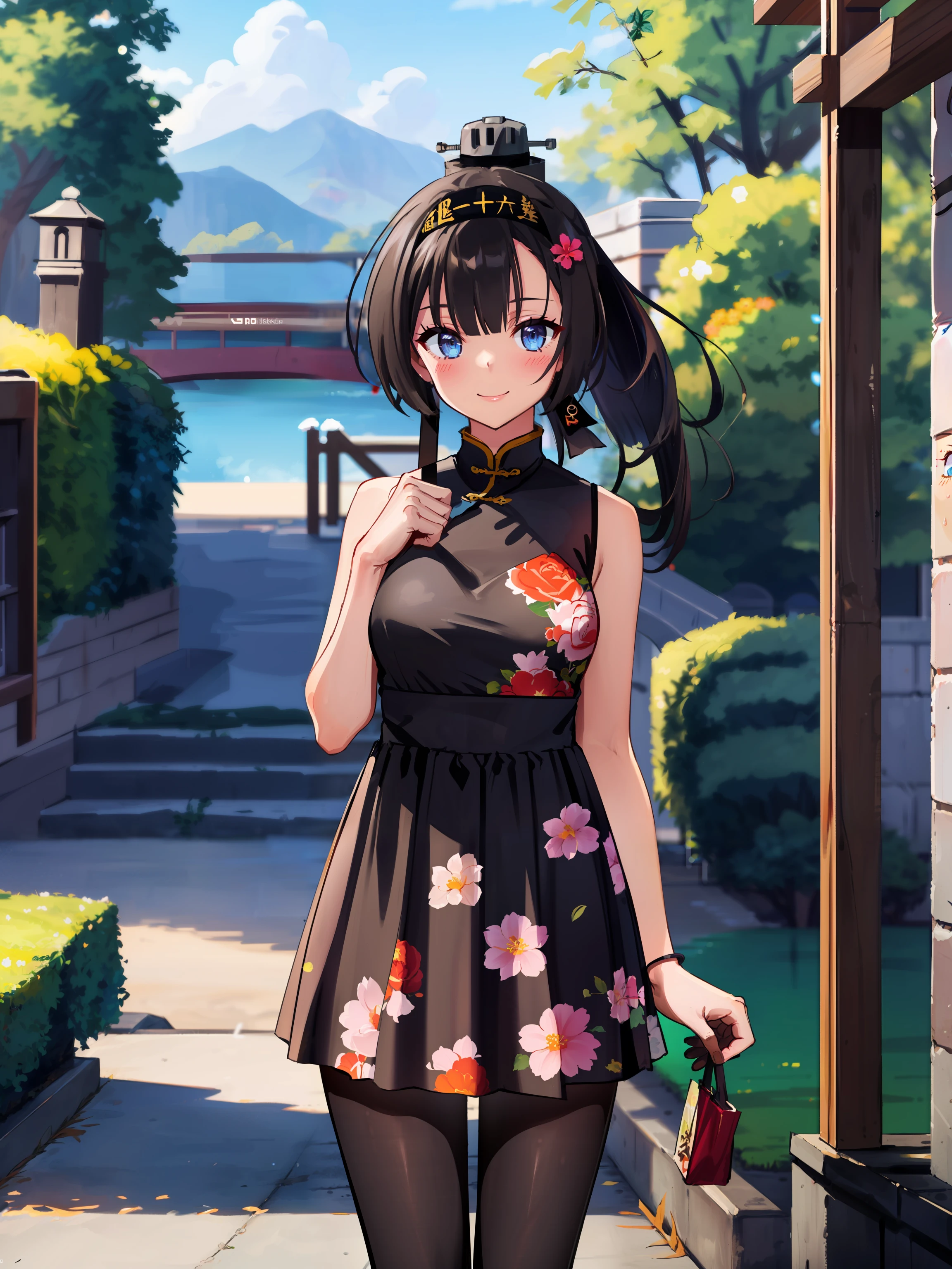 akizuki \(kancolle\), 1girl, solo, china dress, dress, chinese clothes, pantyhose, hair ornament, black pantyhose, hair flower, flower, alternate costume, long hair, floral print, blue eyes, smile, blush, sleeveless dress, outdoors, park, closed mouth, sleeveless, headband, hairband, cowboy shot, original, intricate detail, illustration, masterpiece, extremely detailed CG unity 8k wallpaper, highlight, sharpening, dynamic, <lora:Akizuki-11:0.8>,