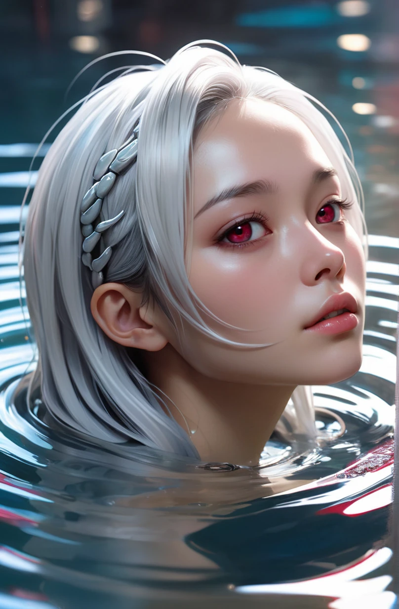a 18 years old Guamanian splashy young woman in a serene scene, pure innocence, calm, relaxation, vibrant, colorful, serenity semirealistic, sparkling eyes, daydreaming, sexy, silver hair, deep ruby eyes, by H. R. Giger, ilya kuvshinov, Ross Tran, WLOP, Stanley Artgerm Lau, Ruan Jia and Fenghua Zhong