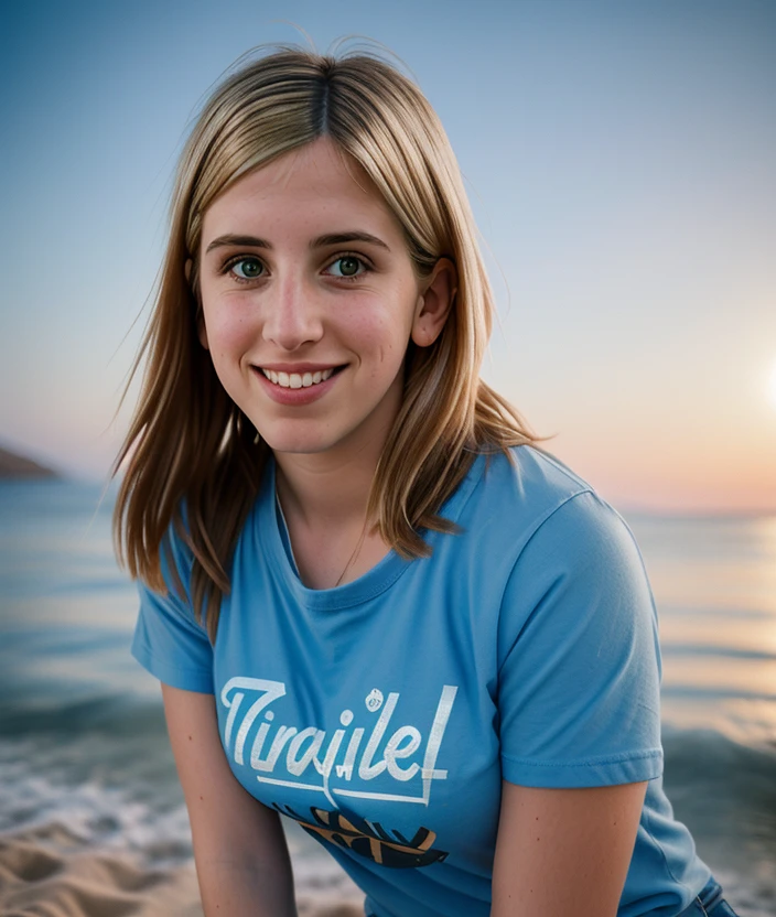 <c3n4d3>, closeup portrait, beautiful girl perfect hair, (modern photo, Cloud Burst Blue graphic tee), 24mm, (analog, cinematic, film grain:1.3), (A tranquil, moonlit Greek island beach:1.1), detailed eyes, (seductive pose), (epicPhoto), smile,