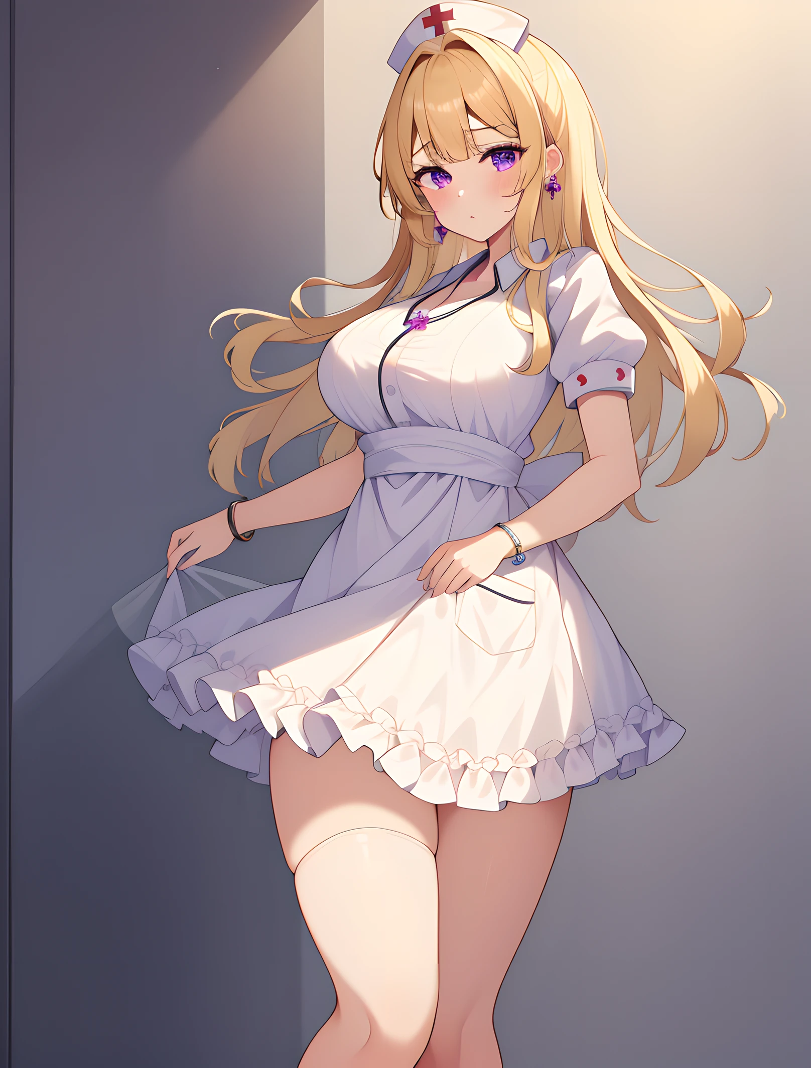 ((masterpiece, best quality, high quality)),1girl, ((lower body, hospital)), <lora:Old Nurse Outfit:0.8> (nurse_old_style_01, apron, nurse cap, short sleeves, striped dress, puffy sleeves, vertical stripes, nurse, white apron, puffy short sleeves, pantyhose), <lora:Kimiko Shimoto:0.7> (kimiko shimoto, 3dcg_09, 1girl, solo, long hair, bangs, blonde hair, purple eyes, jewelry, large breasts),