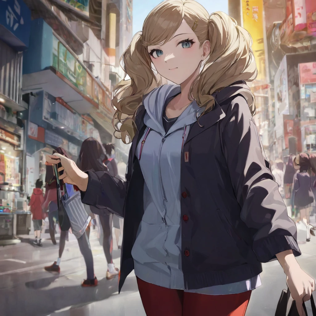 1girl, takamaki ann, wearing school wear, a jacket with hoodie, red leggings, shopping in shibuya commercial street, (masterpiece), cinematic, beautiful light, best quality, newest, safe, absurdres <lora:ann_xl_rev2:1>