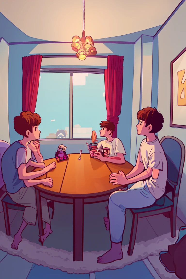 friends hanging out in their room, illustration, cute friends, (college men at the table)
<lora:cutethingsB001-000008:1>