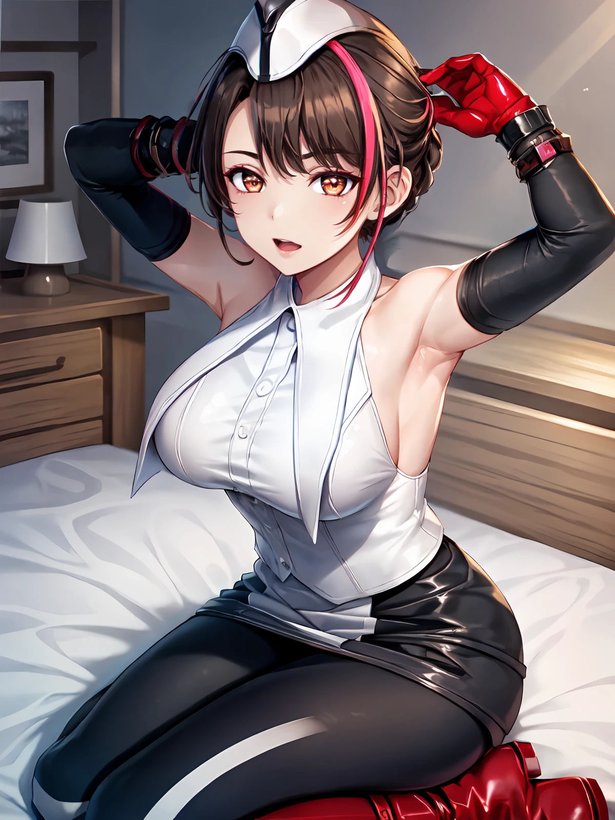 (extremely detailed CG), (best quality), perfect face, shiny skin, lustrous skin, 1girl,solo narrow waist, wide hips, <lora:NaomiDeno-10:0.8>neomideno,black eyes , gloves, hat, black hair, multicolored hair, elbow gloves, boots, garrison cap, bare shoulders, short hair, breasts, brown hair, skirt, red gloves, pantyhose, streaked hair, sleeveless, lying on bed, arms over head, armpits,