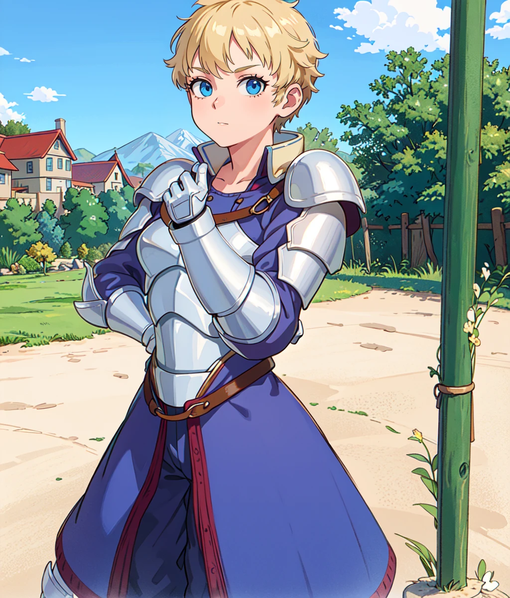 masterpiece, high res, detailed face, detailed eyes, anime screencap, 1 girl, solo, fencing pose, blonde, very short hair, male haircut, blue eyes, woman, mature, muscular, blue outfit, armor, outdoors, medieval town, full body, cowboy shot  <lora:Anita:1>