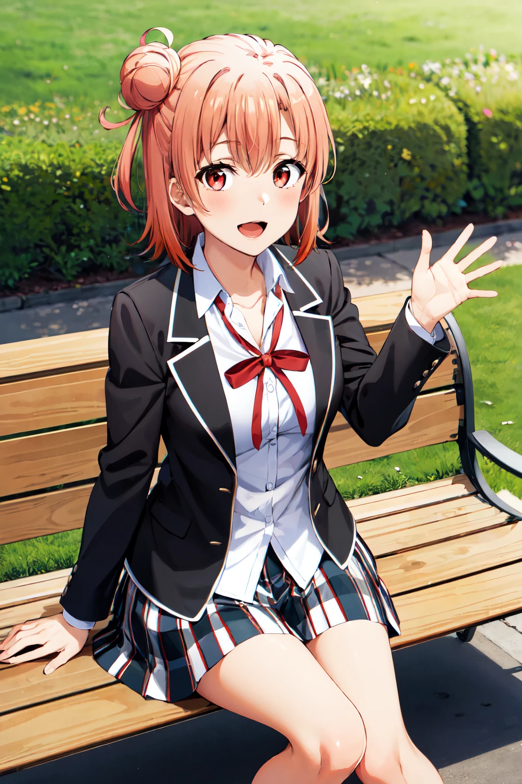 masterpiece, best quality, highres, aayui, short hair, single hair bun, red eyes, breasts, collarbone, neck ribbon, white shirt, dress shirt, blazer, black jacket, open jacket, long sleeves, plaid skirt, <lora:yuigahama_yui_v1:0.7>, sitting, waving, smile, open mouth, bench, outdoors,