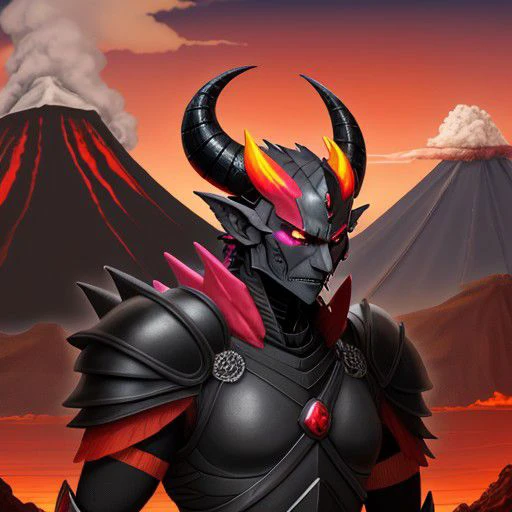 Black Dragon warrior with horns, volcano, multicolor background, full armor, red sky, DF Style, [Portrait]