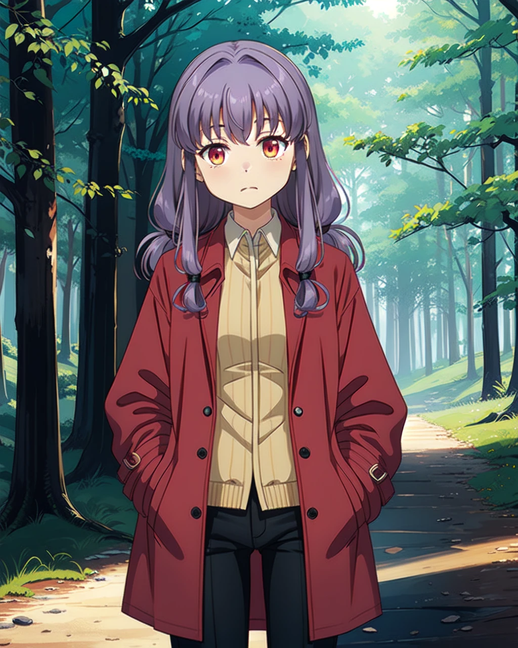 masterpiece, high quality, mgrcinamimitsuru, 1girl, medium shot, upper body, purple hair, pink eyes, (red trenchcoat, black pants), outdoors, hands in pockets, forest, <lora:mgrcinamimitsuru-000016:0.6>