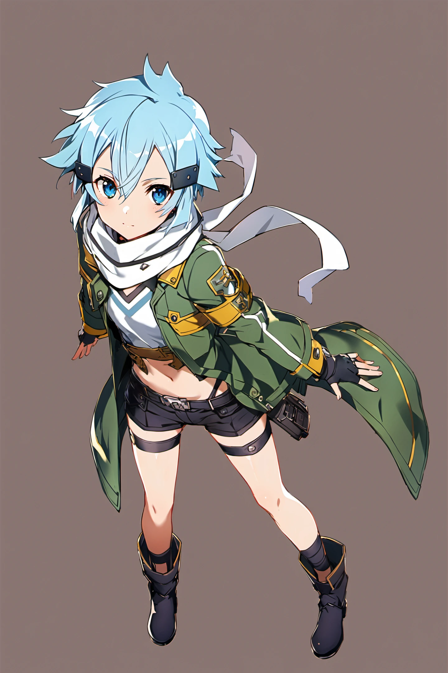1girl, sinon, scarf, solo, gloves, fingerless gloves, shorts, hair ornament, white background, short hair, short shorts, blue hair, hairclip, blue eyes, simple background, full body, black gloves, jacket, looking at viewer, green jacket, standing, white scarf, black footwear, standing, <lora:abec_XL:0.8>