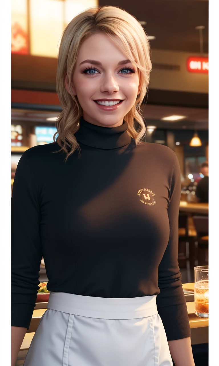 maryee2024, 1 girl working as waitress, uhd, 8k, best quality, masterpiece, walking, smile, skin pores, detailed skin, turtleneck, cinematic lighting, depth of field, diner, photorealistic