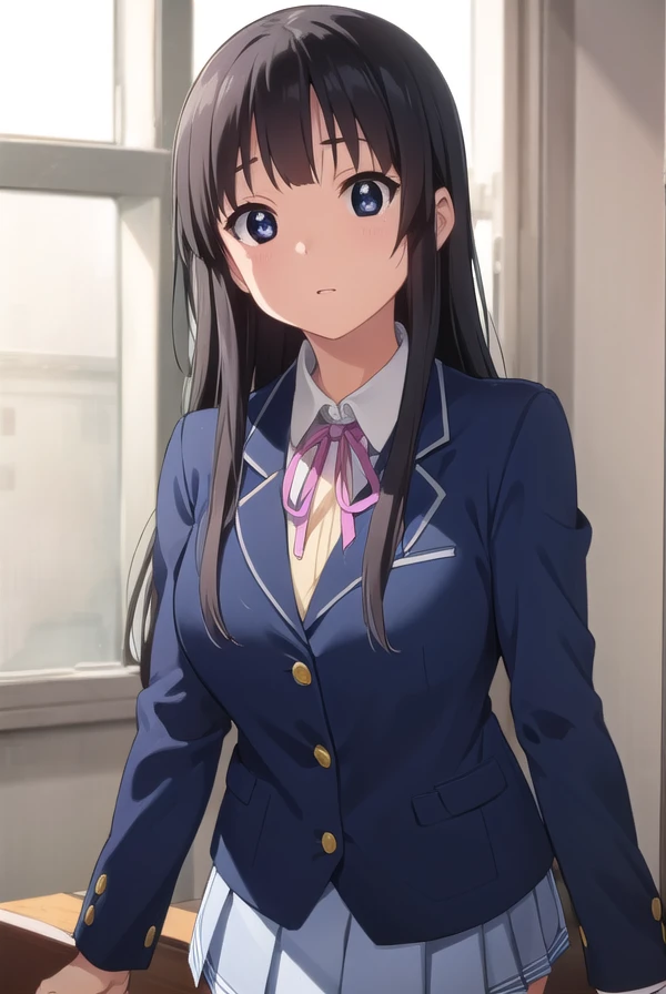 mioakiyama, <lora:mio akiyama s2-lora-nochekaiser:1>, 
mio akiyama, long hair, bangs, black hair, (black eyes:1.3), hime cut,
BREAK sakuragaoka high school uniform, school uniform, uniform, blazer, shirt, white shirt, collared shirt, skirt, pleated skirt,
BREAK indoors, classroom,
BREAK looking at viewer, (cowboy shot:1.5),
BREAK <lyco:GoodHands-beta2:1>, (masterpiece:1.2), best quality, high resolution, unity 8k wallpaper, (illustration:0.8), (beautiful detailed eyes:1.6), extremely detailed face, perfect lighting, extremely detailed CG, (perfect hands, perfect anatomy),