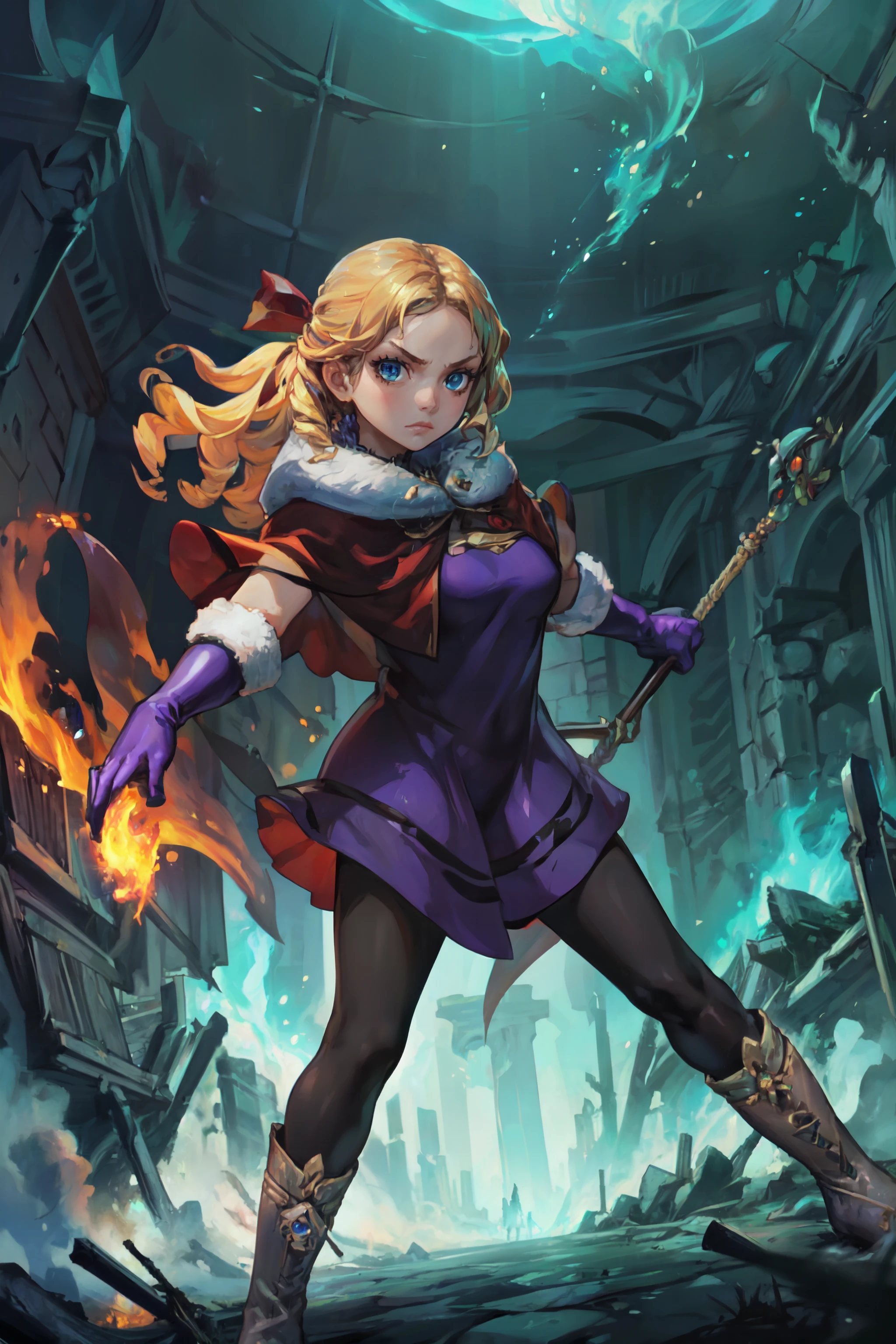 (masterpiece, best quality, ultra detailed, beautiful illustration), atmospheric perspective, depth of field, looking at viewer, beautiful detailed eyes, anime eyes:1.4, (full body), fighting stance, dynamic angle, (indoors, ruins, glowing lights), 1girl, frown, short, (huge breasts), <lora:ValkyrieProfile_Jelanda:1>, JelandaVP, drill hair, ribbon, capelet, purple dress, gloves, pantyhose, boots, jewelry, (holding, holding staff:1.3, casting magic, fire magic:1.3, magic effects, flare smoke)