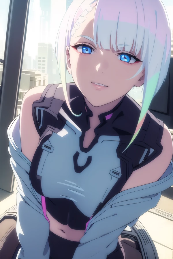 cyberpunklucy, <lora:cyberpunk lucy s1-lora-nochekaiser:1>,
lucy, short hair, bangs, blue eyes, blue hair, multicolored hair, makeup, (multicolored eyes:1.3), smile,
BREAK bare hips, bodysuit, jacket, leotard, monowire, off shoulder, off-shoulder jacket, open clothes, open jacket, skindentation,
BREAK outdoors, city, moon, night, sky, clouds,
BREAK looking at viewer, (cowboy shot:1.5),
BREAK <lyco:GoodHands-beta2:1>, (masterpiece:1.2), best quality, high resolution, unity 8k wallpaper, (illustration:0.8), (beautiful detailed eyes:1.6), extremely detailed face, perfect lighting, extremely detailed CG, (perfect hands, perfect anatomy),