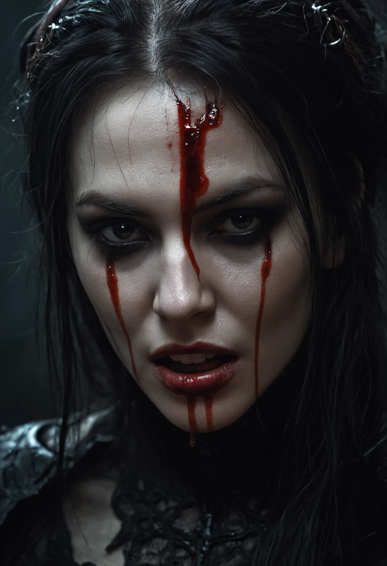 a close up of a woman with blood on her face, dark fantasy mixed with realism, scary look, gothic face, dark fantasy horror art, dark and horror style, dark fantasy portrait, with black eyes, stefan gesell, intense demonic look in the eyes, dark but detailed digital art, vampire of clan lasombra, dark fantasy digital art