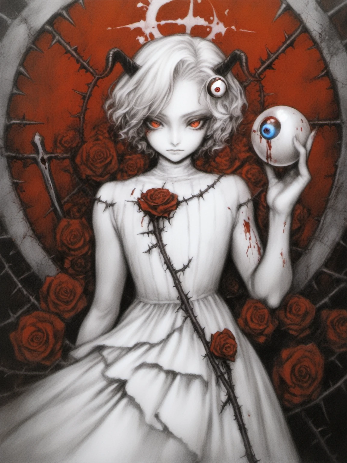 male focus,traditional media,
//,
1girl,red eyes,solo,dress,looking at viewer,holding,frills,white hair,flower,blood,limited palette,cross,halo,eyeball,short hair,closed mouth,white dress,thorns,bow,bangs,horns,rose,
//,
<lora:å°å²æç¾æ¶éåXL-000015:1>,