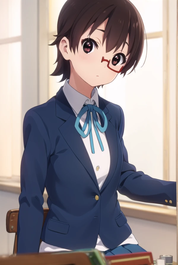 nodokamanabe, <lora:nodoka manabe s2-lora-nochekaiser:1>,
nodoka manabe, short hair, brown hair, (brown eyes:1.5), glasses, semi-rimless eyewear, red-framed eyewear, under-rim eyewear,
BREAK sakuragaoka high school uniform, school uniform, uniform, blazer, shirt, white shirt, collared shirt, skirt, pleated skirt,
BREAK indoors, classroom,
BREAK looking at viewer, (cowboy shot:1.5),
BREAK <lyco:GoodHands-beta2:1>, (masterpiece:1.2), best quality, high resolution, unity 8k wallpaper, (illustration:0.8), (beautiful detailed eyes:1.6), extremely detailed face, perfect lighting, extremely detailed CG, (perfect hands, perfect anatomy),