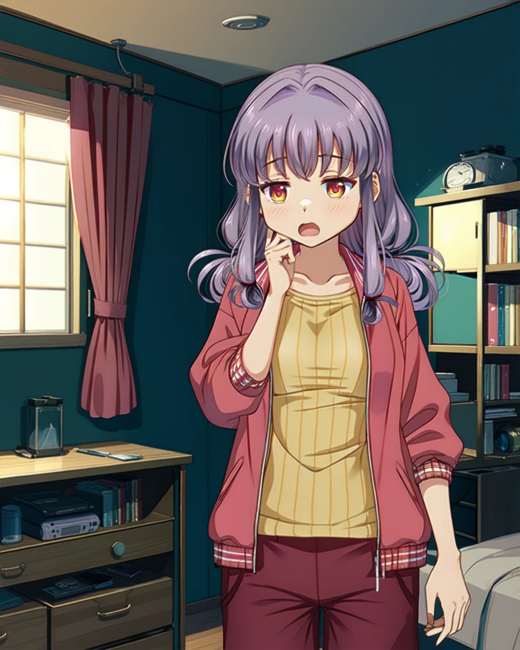 masterpiece, high quality, mgrcinamimitsuru, 1girl, medium shot, upper body, purple hair, pink eyes, yellow tank top, pink sport jacket, pink shorts, sleepy, yawn, hand on cheek, indoors, bedroom, <lora:mgrcinamimitsuru-000016:0.9>