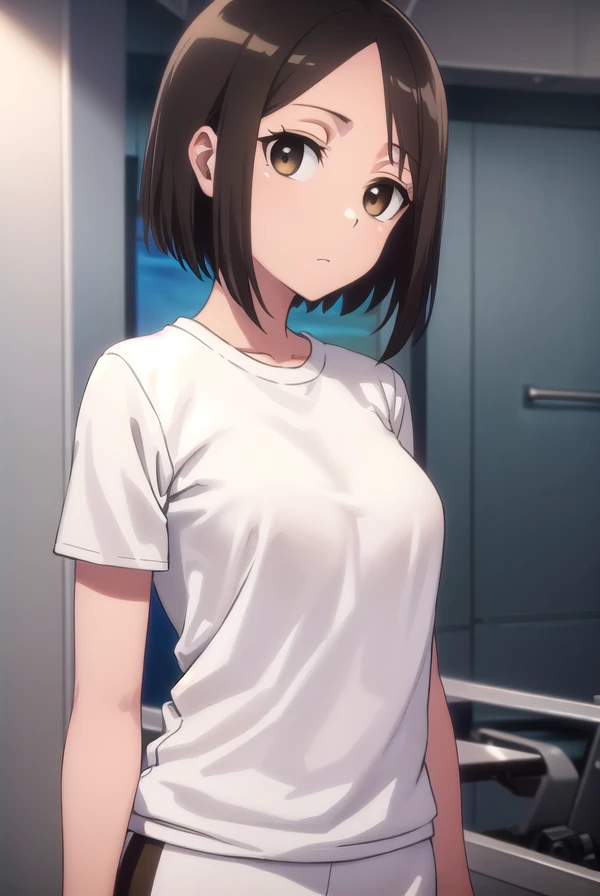 satomitachibana, <lora:satomi tachibana s1-lora-nochekaiser:1>,
satomi tachibana, short hair, black hair, (brown eyes:1.5),
BREAK shirt, white shirt, short sleeves, shoes, shorts, bike shorts, t-shirt, sneakers, gym uniform,
BREAK indoors, gym,
BREAK looking at viewer,
BREAK <lyco:GoodHands-beta2:1>, (masterpiece:1.2), best quality, high resolution, unity 8k wallpaper, (illustration:0.8), (beautiful detailed eyes:1.6), extremely detailed face, perfect lighting, extremely detailed CG, (perfect hands, perfect anatomy),