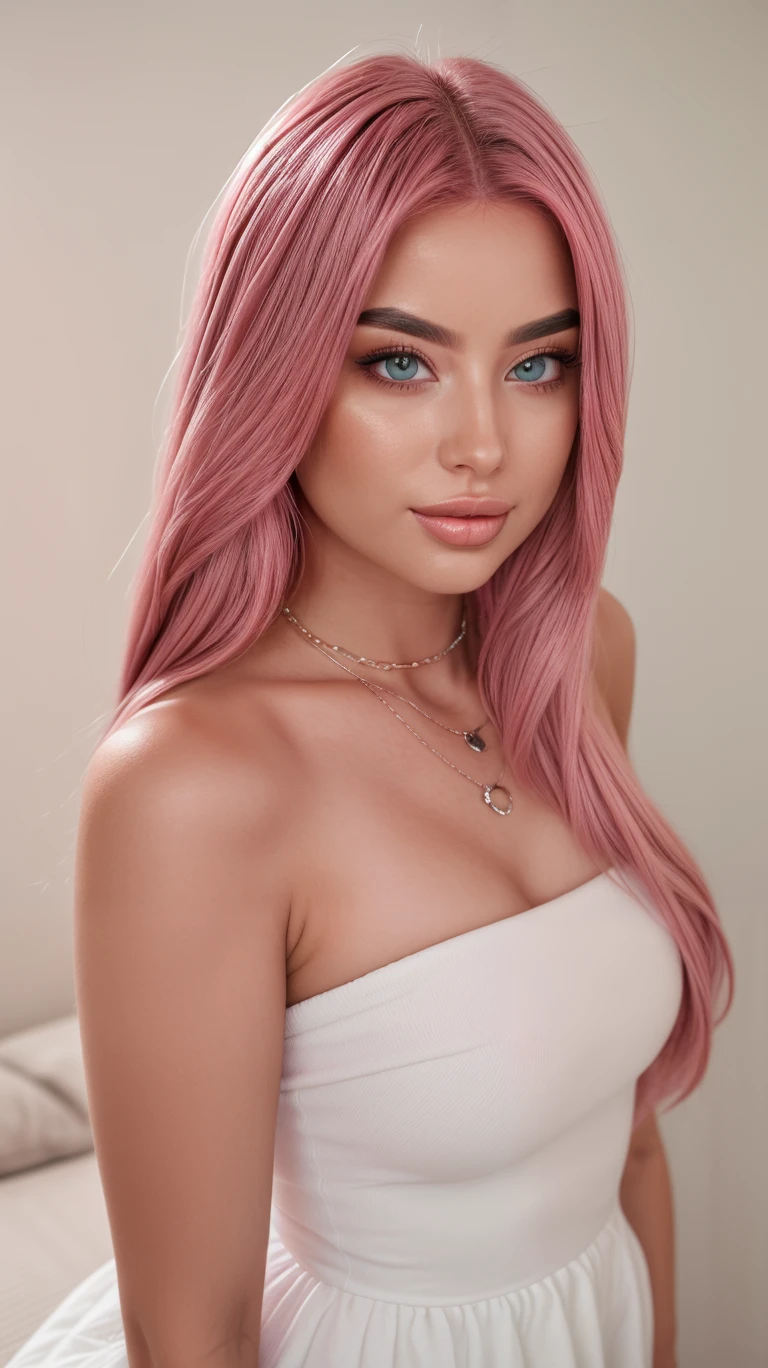 Full body portrait of a beautiful ethereal woman, her very long red hair cascading down in soft waves, framing a face of extreme detail and elegance. Her eyes, big and colorful, boast three gradient magenta shades of eyeshadow and eyeliner, accentuating her double eyelids and long lashes. Rosy cheeks adding a touch of warmth to her ethereal beauty, and her skins glossy texture shines in the cinematic light, highlighting each and every realistic pore and Wrinkle. Full lips adorned with golden glitter on her magenta lipstick, complementing the red and magenta jewels she wears around her neck,highly detailed face, detailed face, perfect proportions, well-proportioned body of six heads, huge breasts, thin waist, navel, big butt , crotch gap, large thighs,