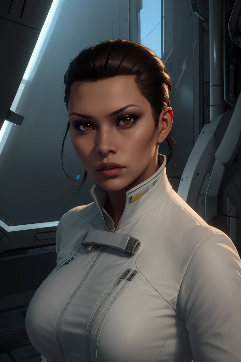 close up photo of sks woman, rugged space trucker, inside industrial spaceship, futuristic science fiction, action scene, digital concept art, realistic, intricate detailed textures, filmic, cinematic, environmental character portrait, <lora:locon_sophiabush_v1_from_v1_64_32:1.25>