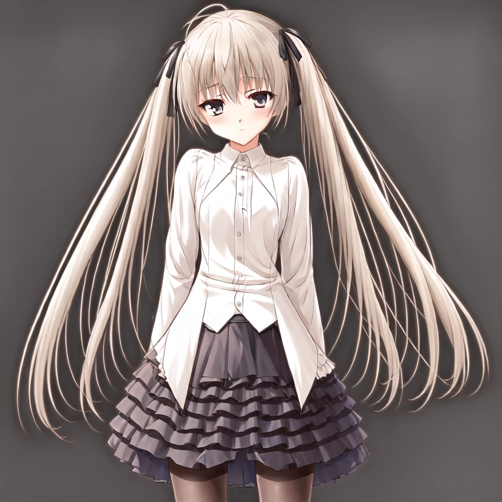 <lora:Sora:0.7>,1girl,solo,pantyhose,twintails,long hair,ribbon,hair ribbon,skirt,cross,simple background,black background,black ribbon,black pantyhose,