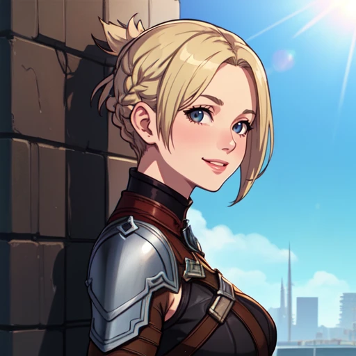 (high quality, best quality:1.3), m1nfilia, from the side, looking at viewer, smiling